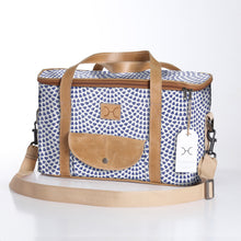 Load image into Gallery viewer, Thandana insulated picnic caddy cooler bag with a dazzling blue design and leather handles. Perfect for keep items cold for beach picnics, desert BBQ and sports day snacks.