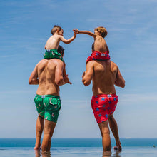 Load image into Gallery viewer, Matching dad and lads swim shorts - green llamas and Coral starfish design