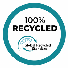Load image into Gallery viewer, A circular teal-bordered badge reading "100% RECYCLED" above the Global Recycled Standard logo with two arrows and a globe—ideal for Breazies Adult Swim Shorts - Turtles | Baby Blue, crafted from recycled polyester.