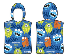 Load image into Gallery viewer, The Bobums Kids Hoodie Towel - Monster Head showcases a playful monster design with blue, green, and orange creatures on a bright blue background. Featuring "yeah" and "monster party" text, this microfibre afterswim towel is designed for fun from both front and back views.