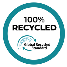 Load image into Gallery viewer, A circular badge with a teal border reads "100% Recycled" in bold black, ideal for the eco-conscious. The "Global Recycled Standard" logo is shown alongside Bobums' Kids Hoodie Towel - Monster Head from the microfibre towel collection, featuring a globe and circular arrows.