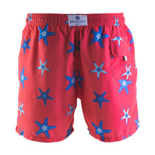 Load image into Gallery viewer, Back - Starfish swim shorts, adults  - Blue starfish design on coral background