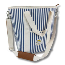 Load image into Gallery viewer, Beach Bums Blue and white stripe insulated material tote cooler bag
