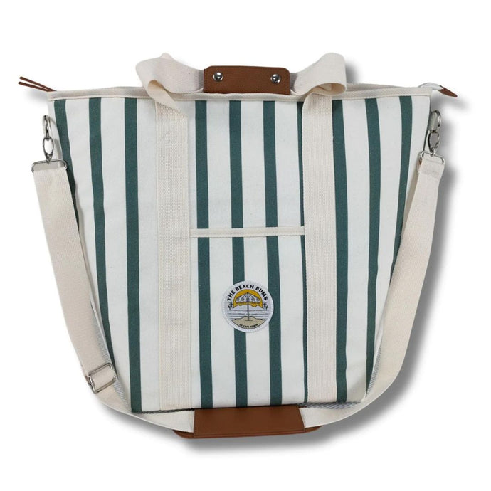 Beach Bums green and white stripe insulated material tote cooler bag