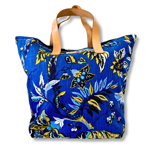 Binny Bag Dark Blue and flowers material tote bag, beach bag with leather straps - full image