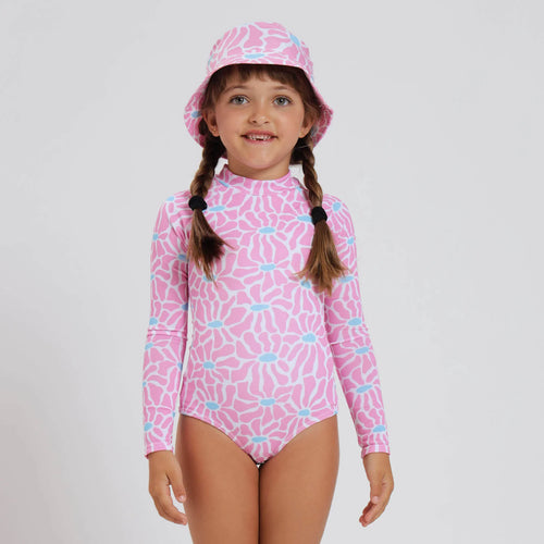 Breazies girls long sleeve swimsuit with pink and blue flowers - front view shown on young girl with matching hat