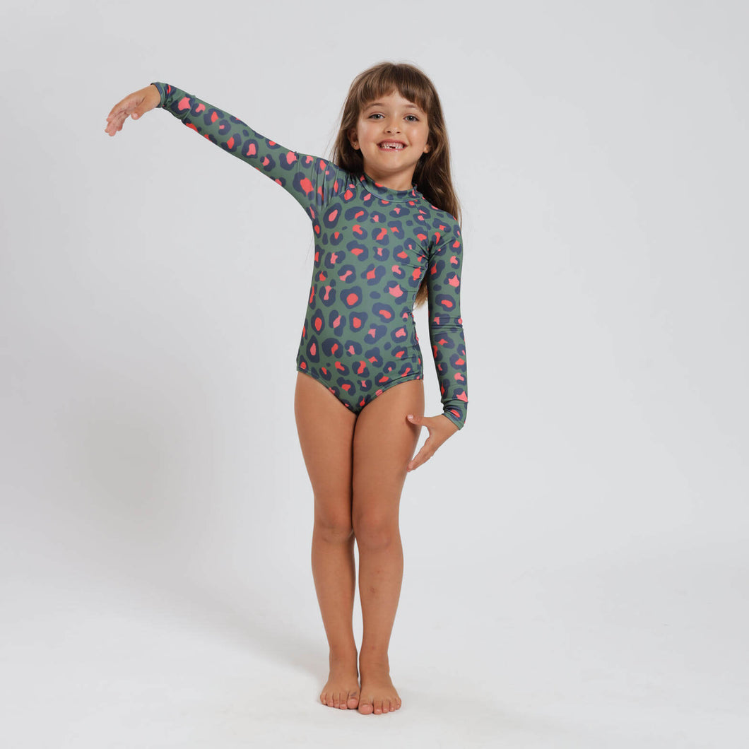 Breazies Girls Long sleeve swimwear front view leopard army print