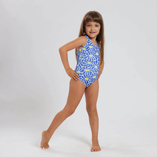 Breazies girls one piece swimsuit with blue and yellow flowers - shown on young girl with hand on her hip