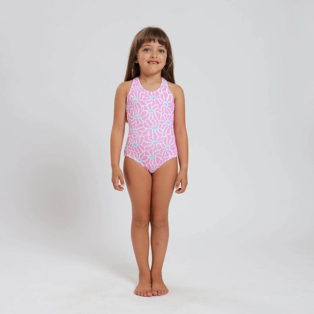 Breazies Girls One Piece swimsuit with pink and blue flowers  - shown on young girl front view