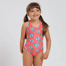 Load image into Gallery viewer, Breazies girls swimwear with hibiscus flower on an orange background- shown on a young girl.
