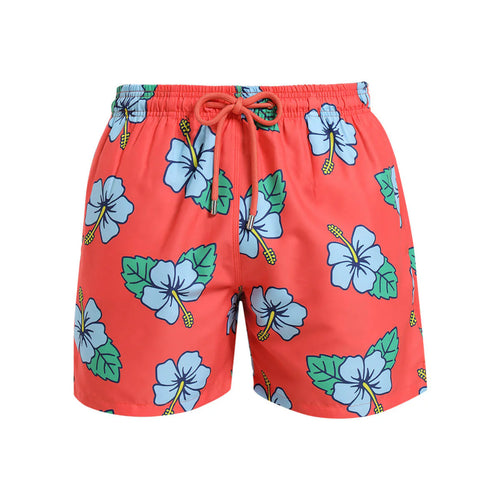 Breazies Kids Swim Shorts-Hibiscus flowers on an Orange background - Front view