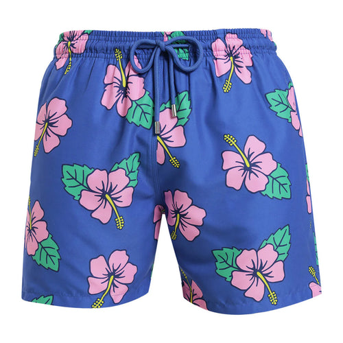 Breazies men swim shorts with pink hibiscus flower on a blue background - front view