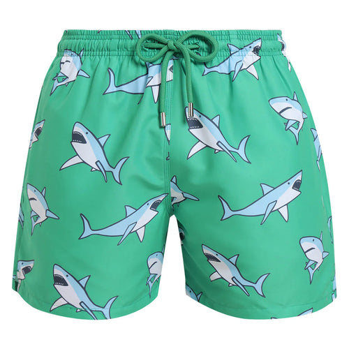 Breazies adult swim shorts with sharks on green background - front view