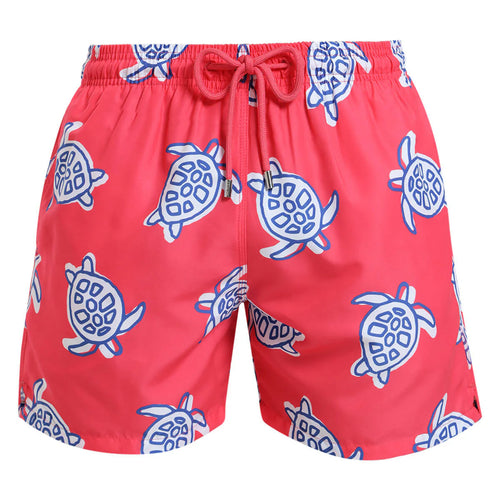 Breazies adult swim shorts with navy turtles on a coral red background - front view