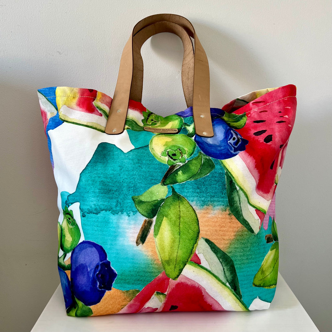 Binny Bag Watercolour fruit material tote bag, beach bag with leather handles