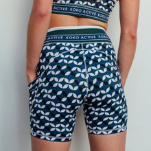 Load image into Gallery viewer, A person models Koko Active&#39;s &quot;Shorty Shorts - The Retro Grade,&quot; a matching geometric pattern set in blue, white, and black. The outfit includes a cropped top and high-waisted shorts featuring &quot;KOKO ACTIVE&quot; on the waistband, offering ethically designed UV50 protection. They&#39;re shown facing away with hands on hips.
