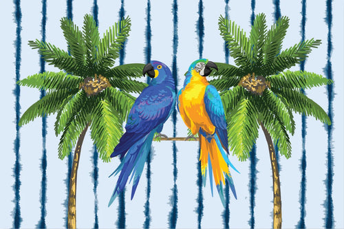 Two vibrant parrots, one blue and one blue-yellow, sit on a branch among lush palms, evoking a tropical beach vibe against the sapphire and white striped backdrop of Natural Selection's 