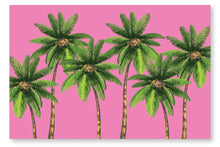 Load image into Gallery viewer, The Sarong with Matching Wet Bag - Wild Oasis by Natural Selection features an illustration of six tall palm trees with lush green leaves and textured brown trunks set against a bright pink background, reminiscent of a vibrant sarong.
