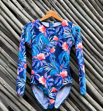 Load image into Gallery viewer, Lapis Blue Flowers and leaves, Long Sleeve one piece, swimwear from Surf Sense, South Africa
