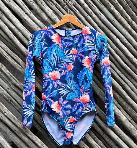 Lapis Blue Flowers and leaves, Long Sleeve one piece, swimwear from Surf Sense, South Africa