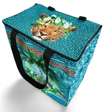 Load image into Gallery viewer, Turquiose Palm Tree and leopards, Soft insulated cooler bag from Macaroon, South Africa
