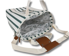 Load image into Gallery viewer, Beach Bums green and white stripe insulated material tote cooler bag
