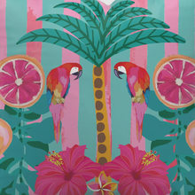 Load image into Gallery viewer, The Beach Bag - Frangipani Parrots by Natural Selection features a colourful scene of two parrots on a palm tree with tropical leaves, hibiscus flowers, and sliced citrus fruits. This vibrant image stands out against a pink and turquoise striped background and is ideal for poly canvas beach bags with waterproof lining.
