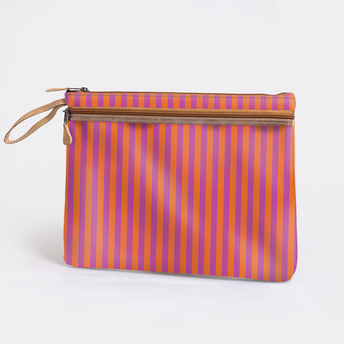 The Thandana iPad Cover - Linear Preppy features vertical orange and purple stripes on smooth laminated fabric, a leather tan wrist strap, and a zip closure, displayed against a plain white background.