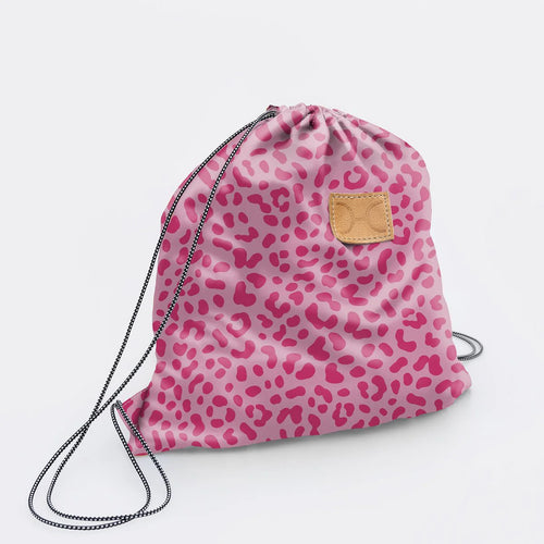 Thandana Pink drawstring bag with leopard print pattern on a light grey background
