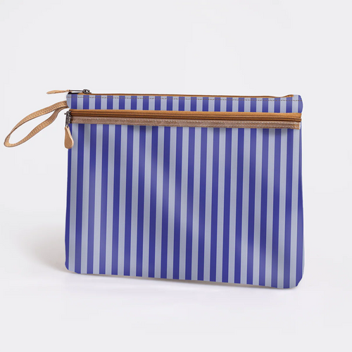 The Thandana iPad Cover - Linear Jet features vertical blue and light blue stripes, a brown zipper, and a wrist strap, and is shown against a plain white background.