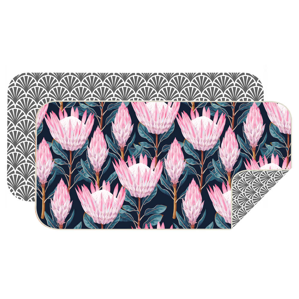 Bobums UAE Microfibre beach towel with Pink Protea design on double sided towel