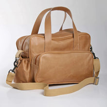 Load image into Gallery viewer, Luxury hazelnut leather baby bag by Thandana—travel-ready nappy bag with spacious compartments, handmade in South Africa

