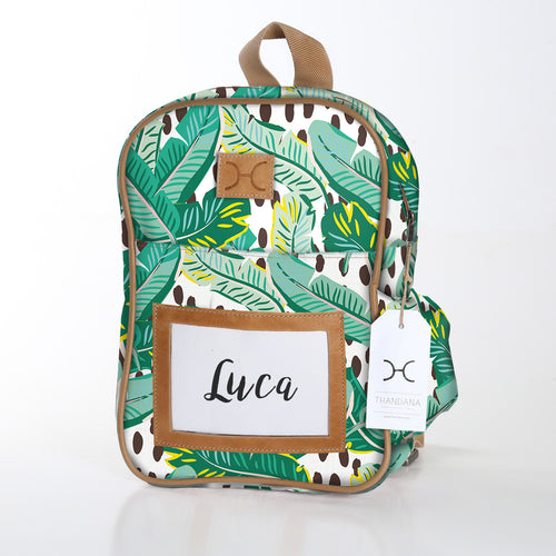 Thandana Palm Leaf Laminated Fabric Kids Backpack, durable, water-resistant, with front pocket, side bottle holder, and adjustable leather-trimmed straps.