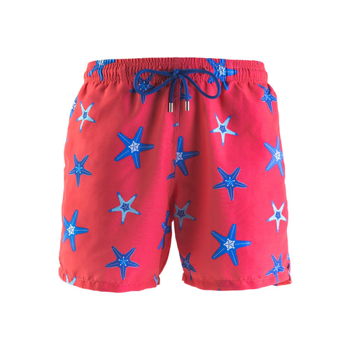 Kids swim shorts - starfish design, coral and blue colour