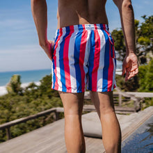 Load image into Gallery viewer, Man at the pool wearing adult swim shorts - Stripes design in Blue, Coral and White

