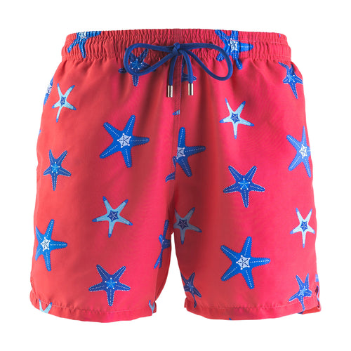 Front - Starfish swim shorts, adults  - Blue starfish design on coral background