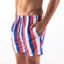 Load image into Gallery viewer, Man wearing adult swim shorts - Stripes design in Blue, Coral and White

