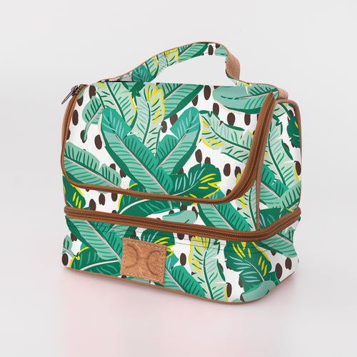 Thandana insulated thermal lunch cooler in a spotty leaf print. Handle for easy carry and seperate compartment for storage.