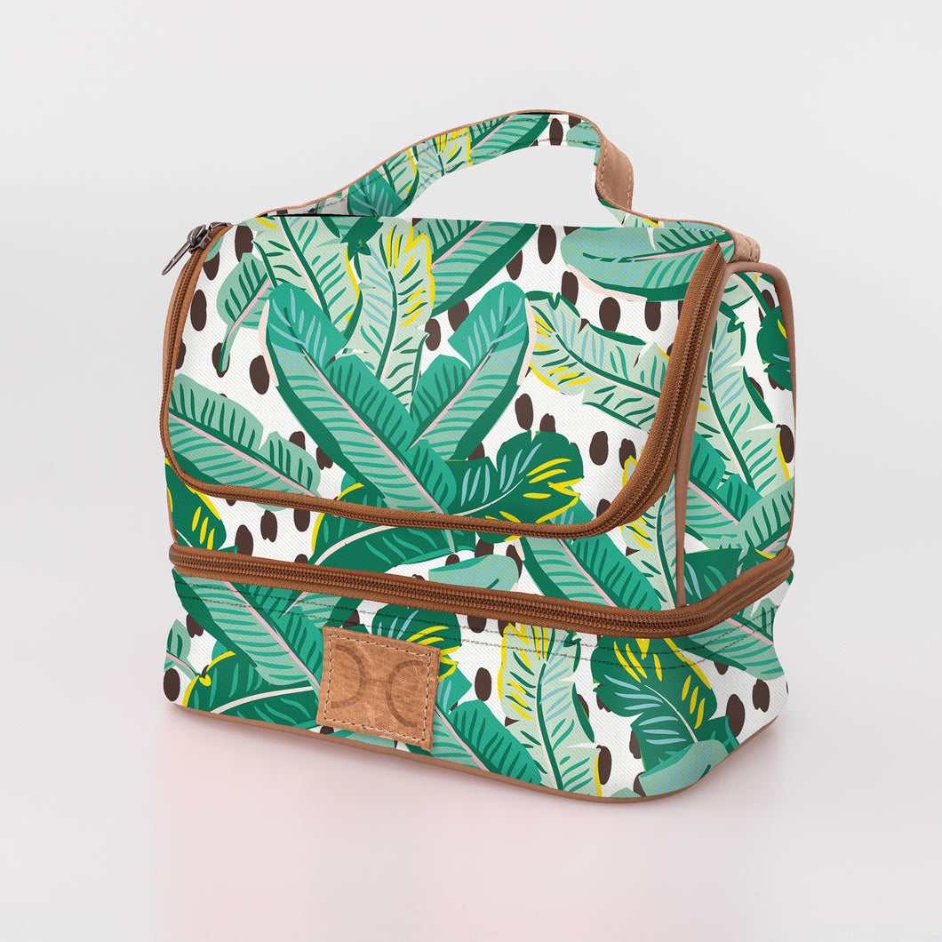 Thandana insulated thermal lunch cooler in a spotty leaf print. Handle for easy carry and seperate compartment for storage.